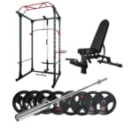 Power rack set with adjustable bench, barbell, and tri-grip weight plates.