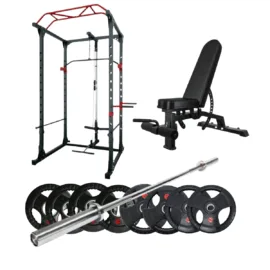 Power rack set with adjustable bench, barbell, and tri-grip weight plates.