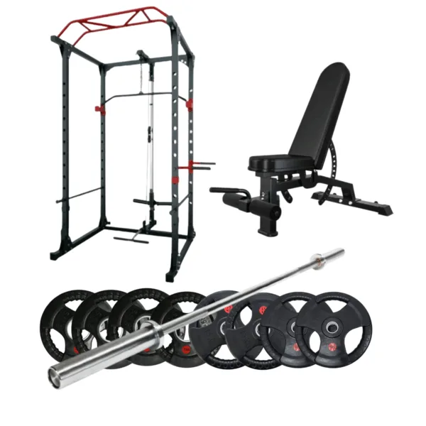 Power rack set with adjustable bench, barbell, and tri-grip weight plates.