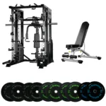 Multi-functional home gym setup with Smith machine, adjustable bench, and bumper plates.