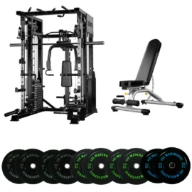 Multi-functional home gym setup with Smith machine, adjustable bench, and bumper plates.