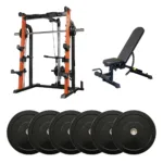 Smith machine set with adjustable bench and rubber weight plates for strength training.