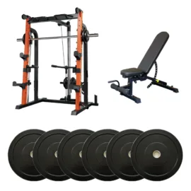 Smith machine set with adjustable bench and rubber weight plates for strength training.