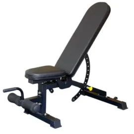 Adjustable black weight bench with padded seat and backrest for strength training.