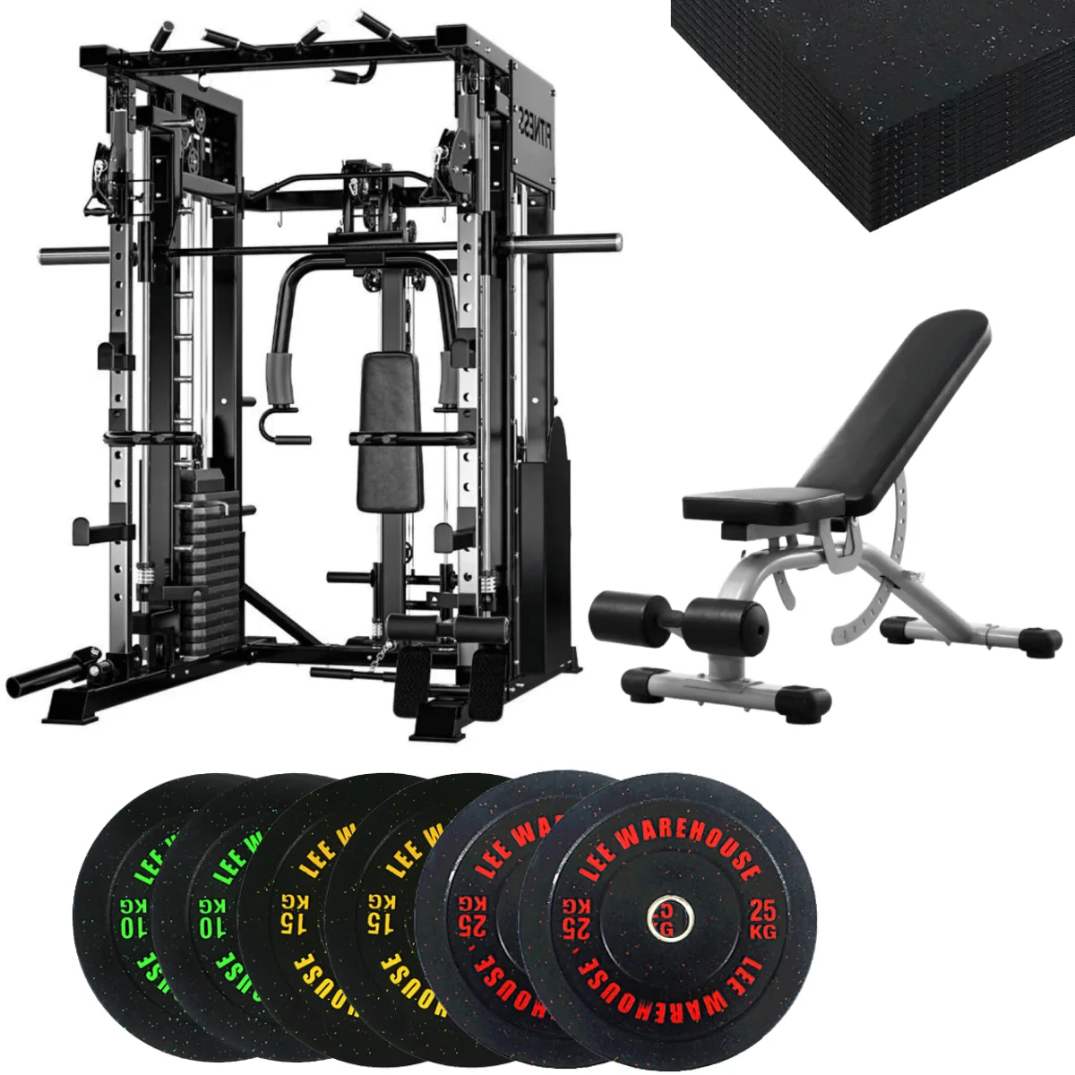 smith machine with bench and Bumper weights flooring