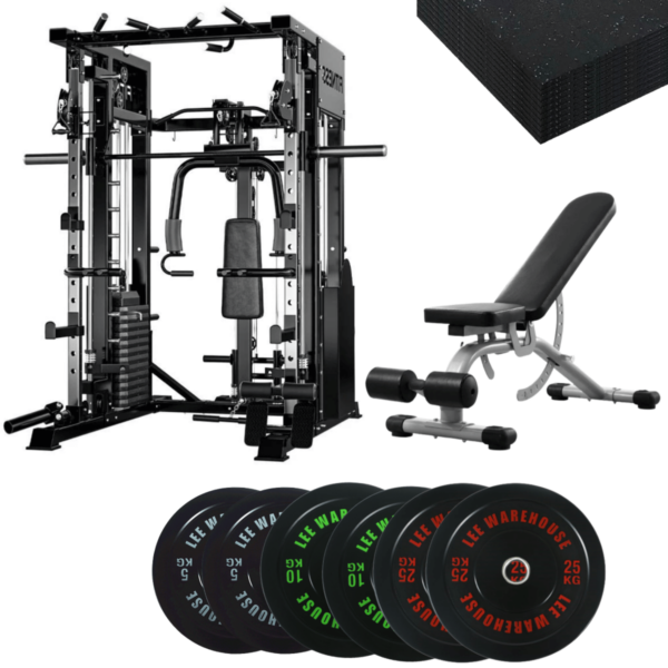 smith machine with bench and weights flooring