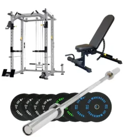 Power Cage with 100kg Bumper Weights Set plus Adjustable Bench - Image 1
