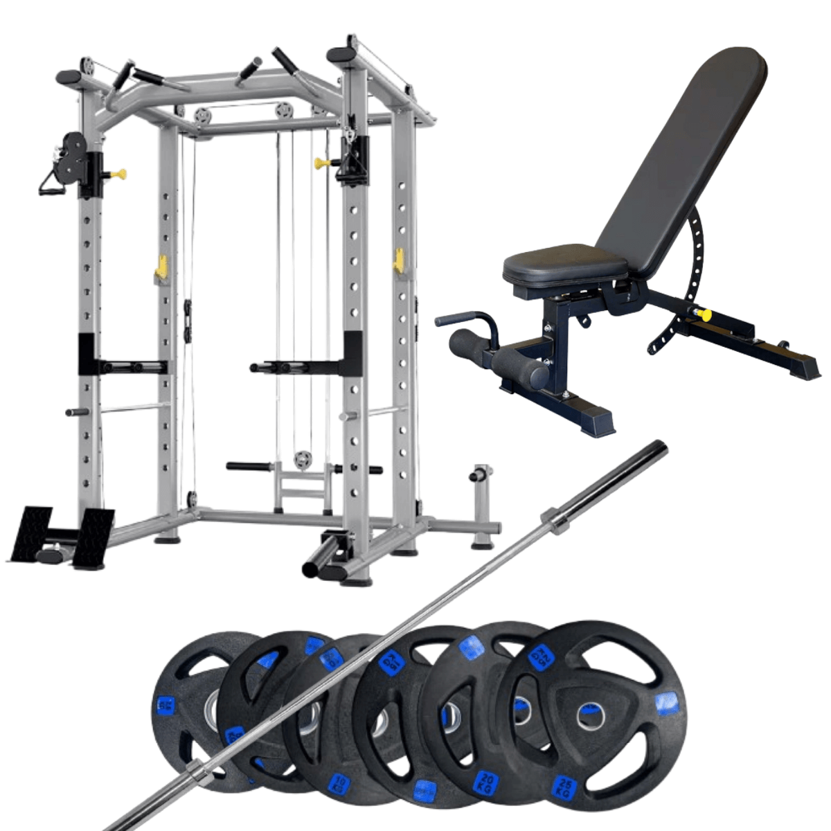 Power Cage with 100kg Weights Set plus Adjustable Bench