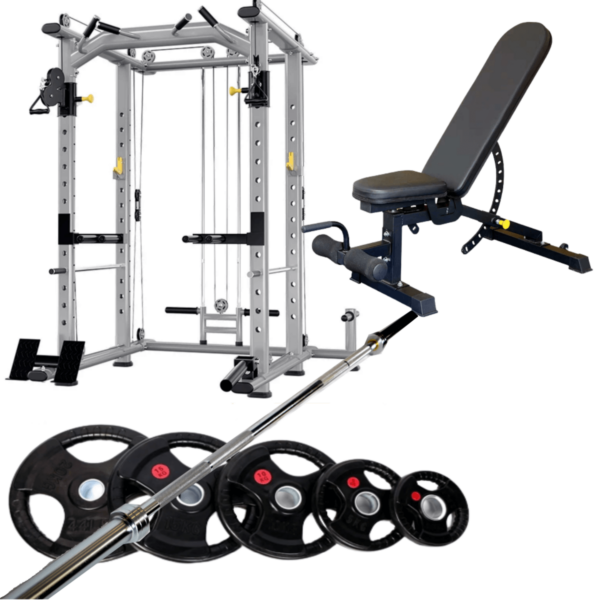 power cage with barbell set and Q5 bench