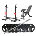 Home gym squat rack set with adjustable bench, Olympic barbell, and weight plates.
