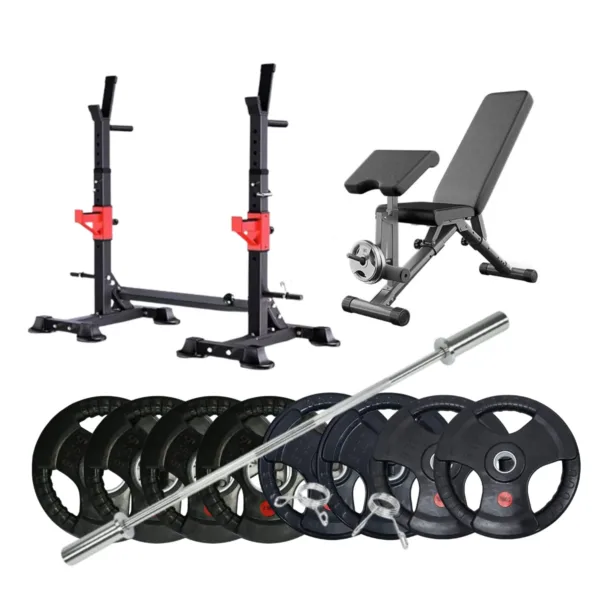 Home gym squat rack set with adjustable bench, Olympic barbell, and weight plates.