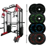 Heavy-duty Smith machine set with rubber bumper plates and Olympic barbell, built for advanced strength and power training.