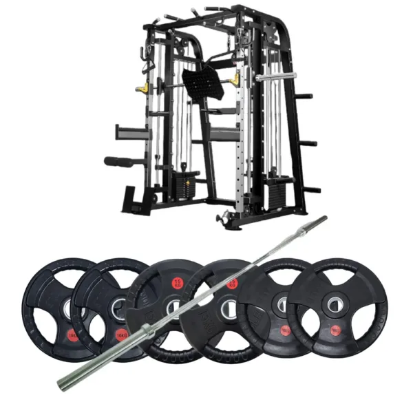 4040&plates&Bar no Bearing Smith machine with Olympic weight plates and barbell for strength training workouts.