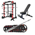 Smith machine set with adjustable bench, barbell, and 500lb tri-grip weight plates.