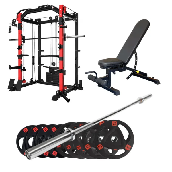 Smith machine set with adjustable bench, barbell, and 500lb tri-grip weight plates.