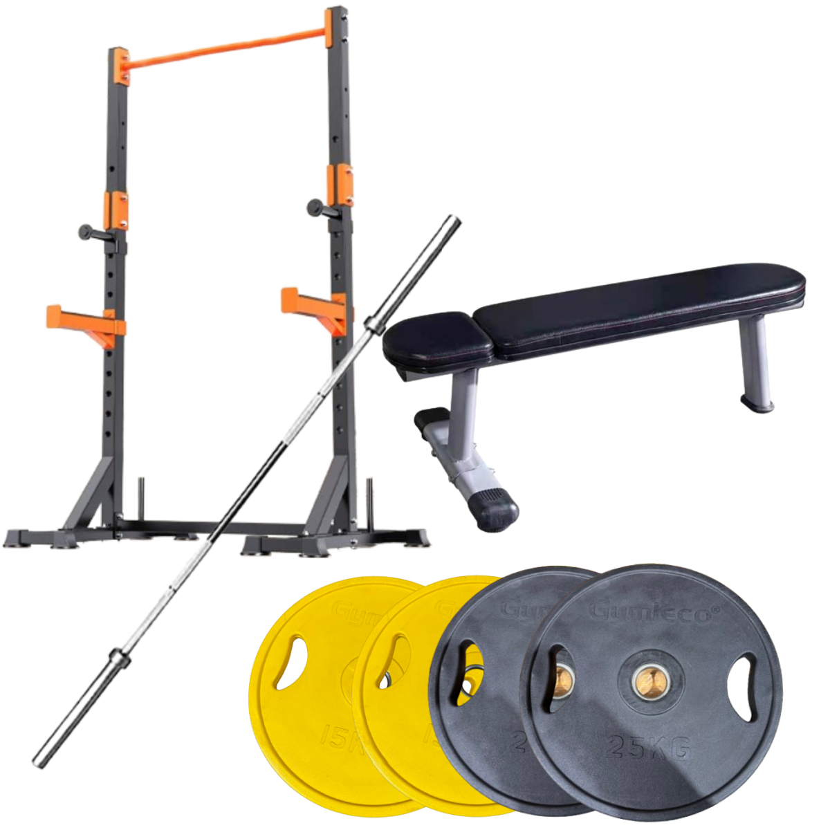 Squat Rack with Barbell Set and Flat Bench