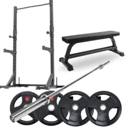 Squat rack with flat bench, Olympic barbell, and tri-grip weight plates.