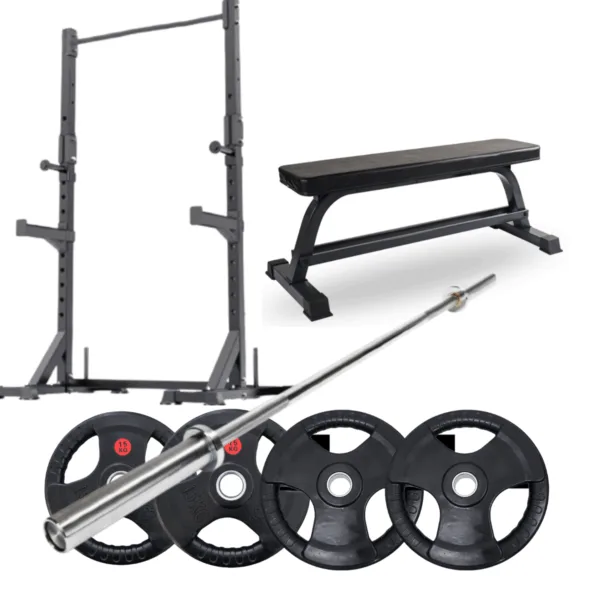 Squat rack with flat bench, Olympic barbell, and tri-grip weight plates.