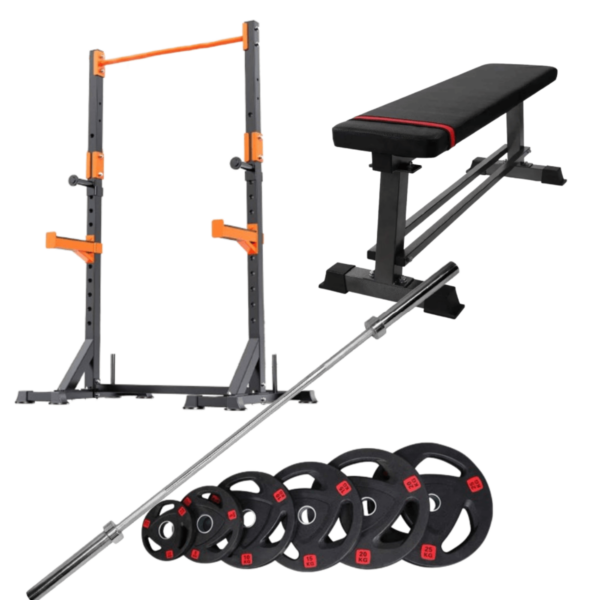 squat rack with flat bench and barbell set