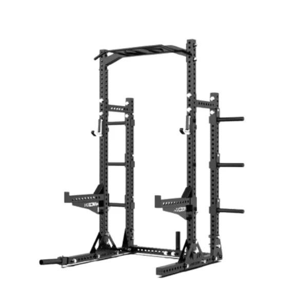 M104 Heavy-duty black power rack with multiple attachments and plate storage posts.