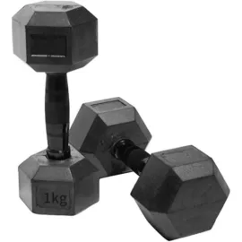 a pair of hex dumbbells black handle