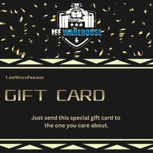 Lee Warehouse black and gold gift card with confetti design and brand logo.
