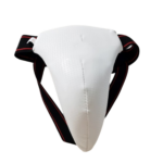 Protective white boxing groin guard with black elastic straps for training safety.
