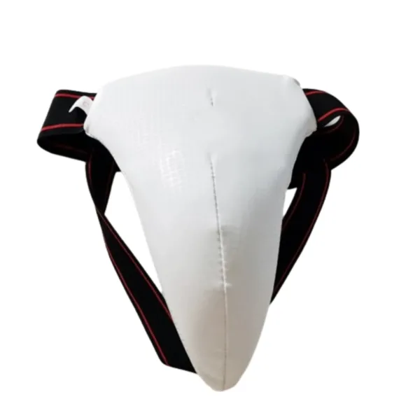 Protective white boxing groin guard with black elastic straps for training safety.