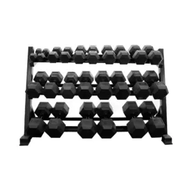 Set of hex dumbbells organized on a three-tier metal rack for home or gym use.