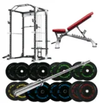 Complete home gym set with power rack, adjustable bench, barbell, and weight plates.