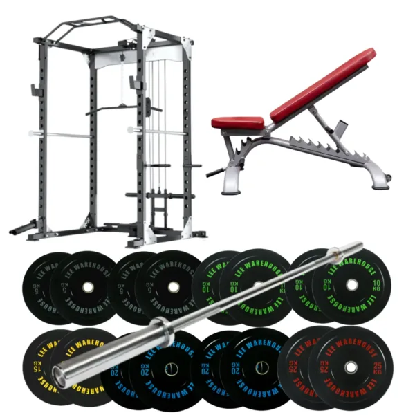 X3&毛毯大凳子&全胶 Complete home gym set with power rack, adjustable bench, barbell, and weight plates.