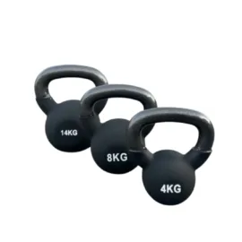 Set of 4kg, 8kg, and 14kg kettlebells for strength and conditioning training.