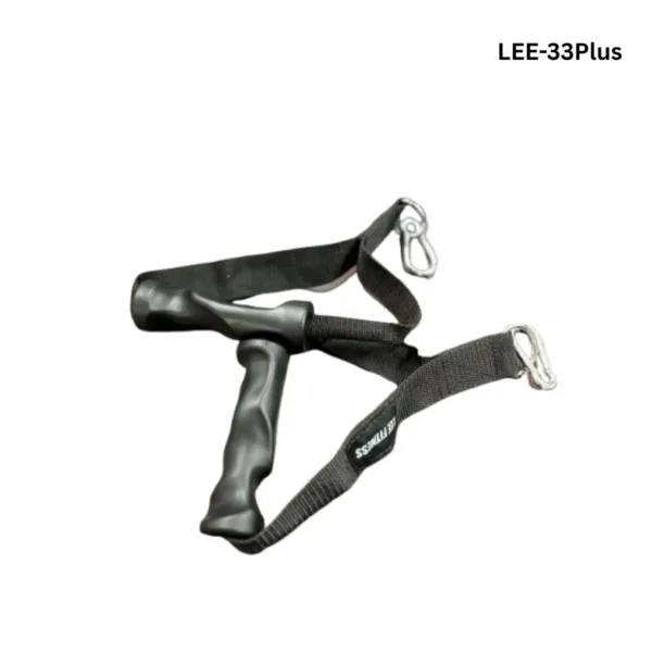 Dual handle cable attachment with sturdy grip and metal hooks for gym training.