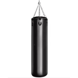 Black heavy punching bag with hanging chains for boxing and kickboxing training.