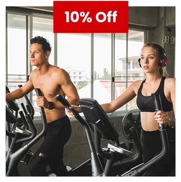 Man and woman exercising on elliptical machines during 10% off fitness promotion.