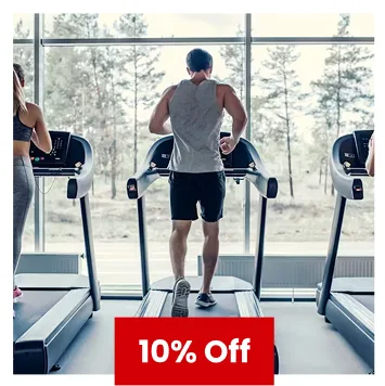 People running on treadmills in modern gym with 10% discount offer.
