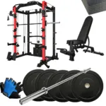 Smith machine set with bench, barbell, bumper plates, mats, and training gloves.