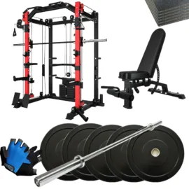 Smith machine set with bench, barbell, bumper plates, mats, and training gloves.