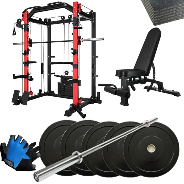 K1 & 胶大 & BH2 &mats&gloves & 100lb 20kg (1) Smith machine set with bench, barbell, bumper plates, mats, and training gloves.