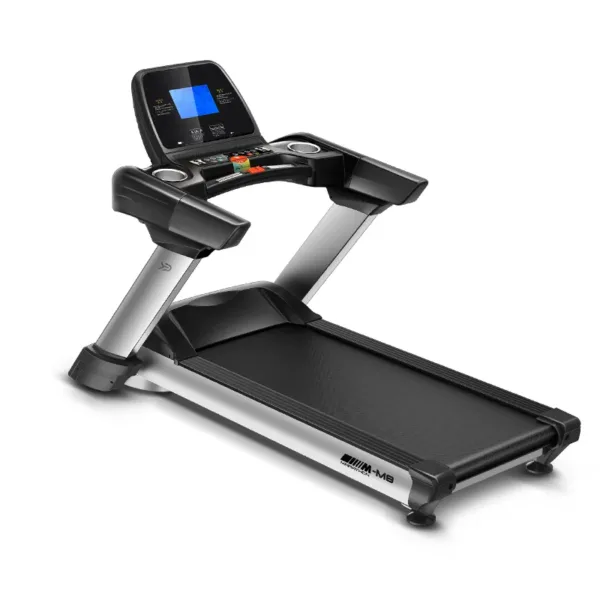 Modern black treadmill with digital LCD display and sturdy running platform.