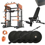 All-in-one Smith machine set with adjustable bench, black barbell, and bumper plates.