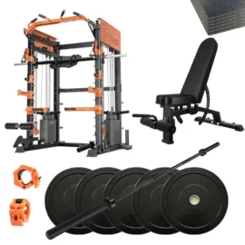 All-in-one Smith machine set with adjustable bench, black barbell, and bumper plates.