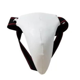 Protective white boxing groin guard with black elastic straps for training safety.
