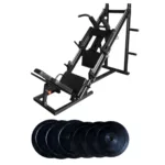 Leg press and hack squat machine with rubber weight plates for lower body workouts.