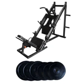 Leg press and hack squat machine with rubber weight plates for lower body workouts.