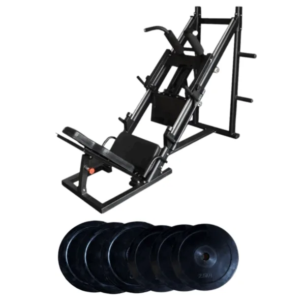 Leg press and hack squat machine with rubber weight plates for lower body workouts.