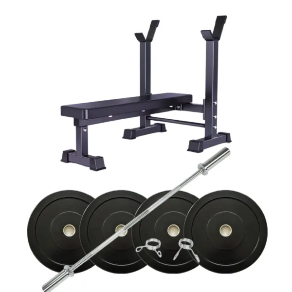 简易举重床&1.5米大孔直杆&胶大 Flat bench press set with barbell, bumper plates, and spring collars.