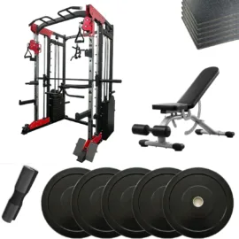 Smith machine gym package with adjustable bench, bumper plates, barbell, and floor mats.