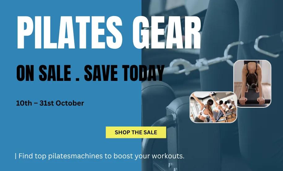 Pilates gear sale banner with reformer machine and women exercising in studio.