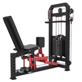 Seated leg press machine with adjustable backrest for lower body strength training.
